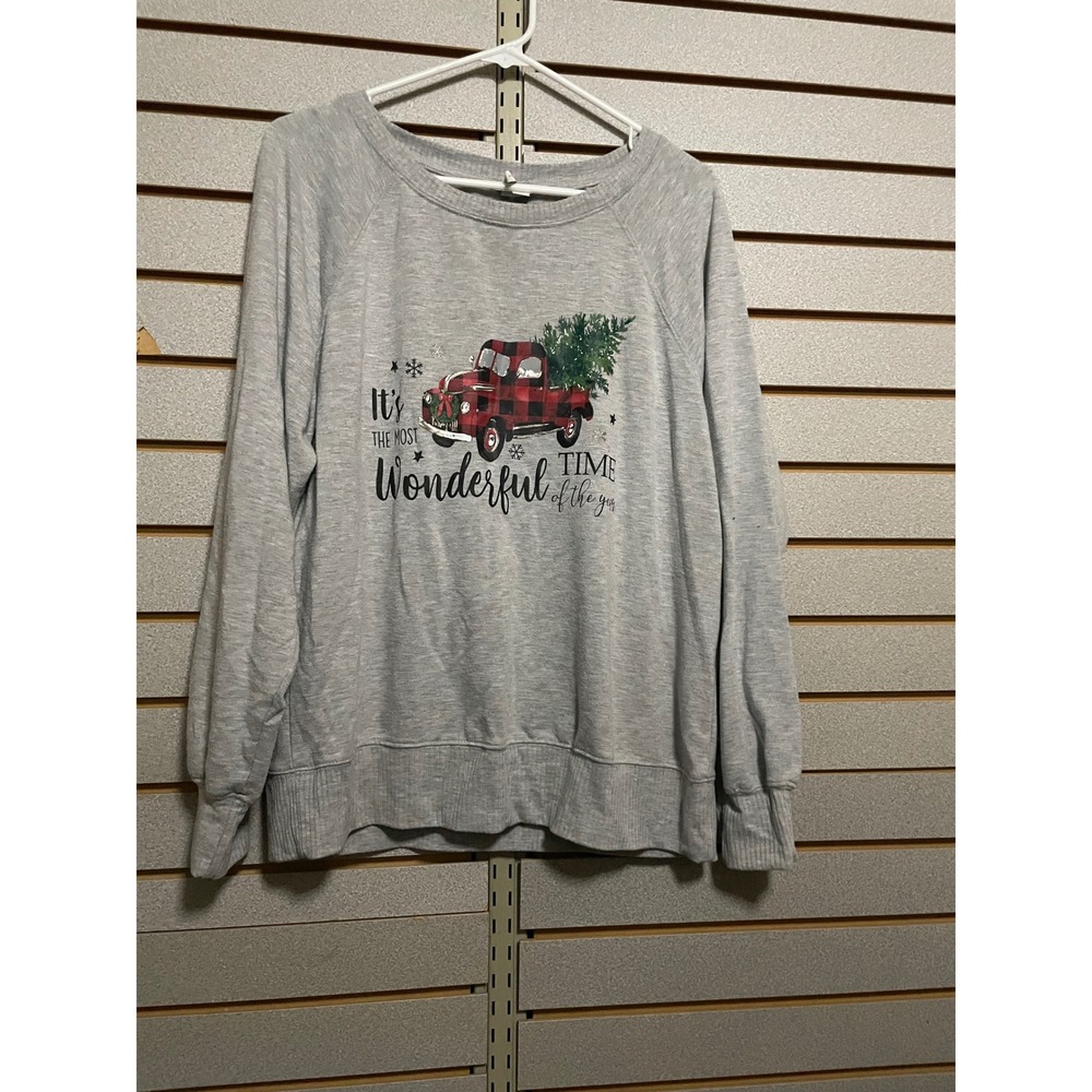 Cato Womens Gray Long Sleeve Sweatshirt Red Truck Christmas Tree Graphic L